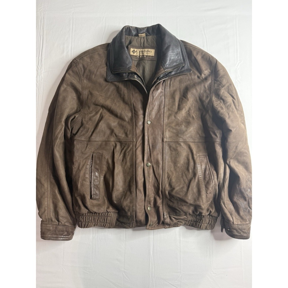 Columbia Sportswear Vintage Men M Brown Leather Bomber Flight Jacket Coat Y2K
